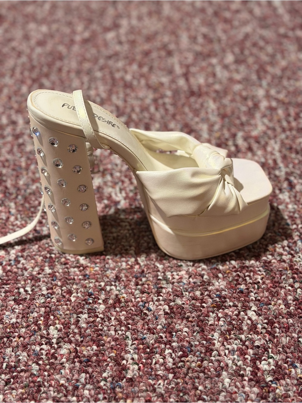 Public Desire Cream Knotted Platform Heel with Rhinestone Block